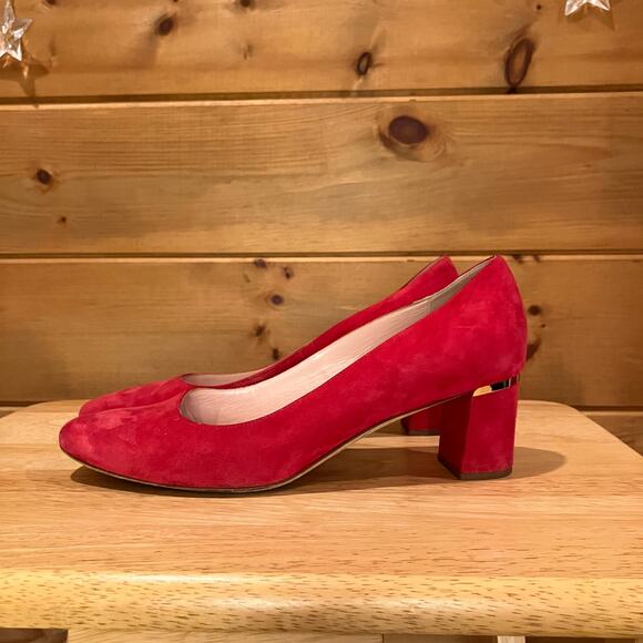 kate spade Shoes - Kate Spade Dolores Red Suede Gold Block Heels Size 10.5
